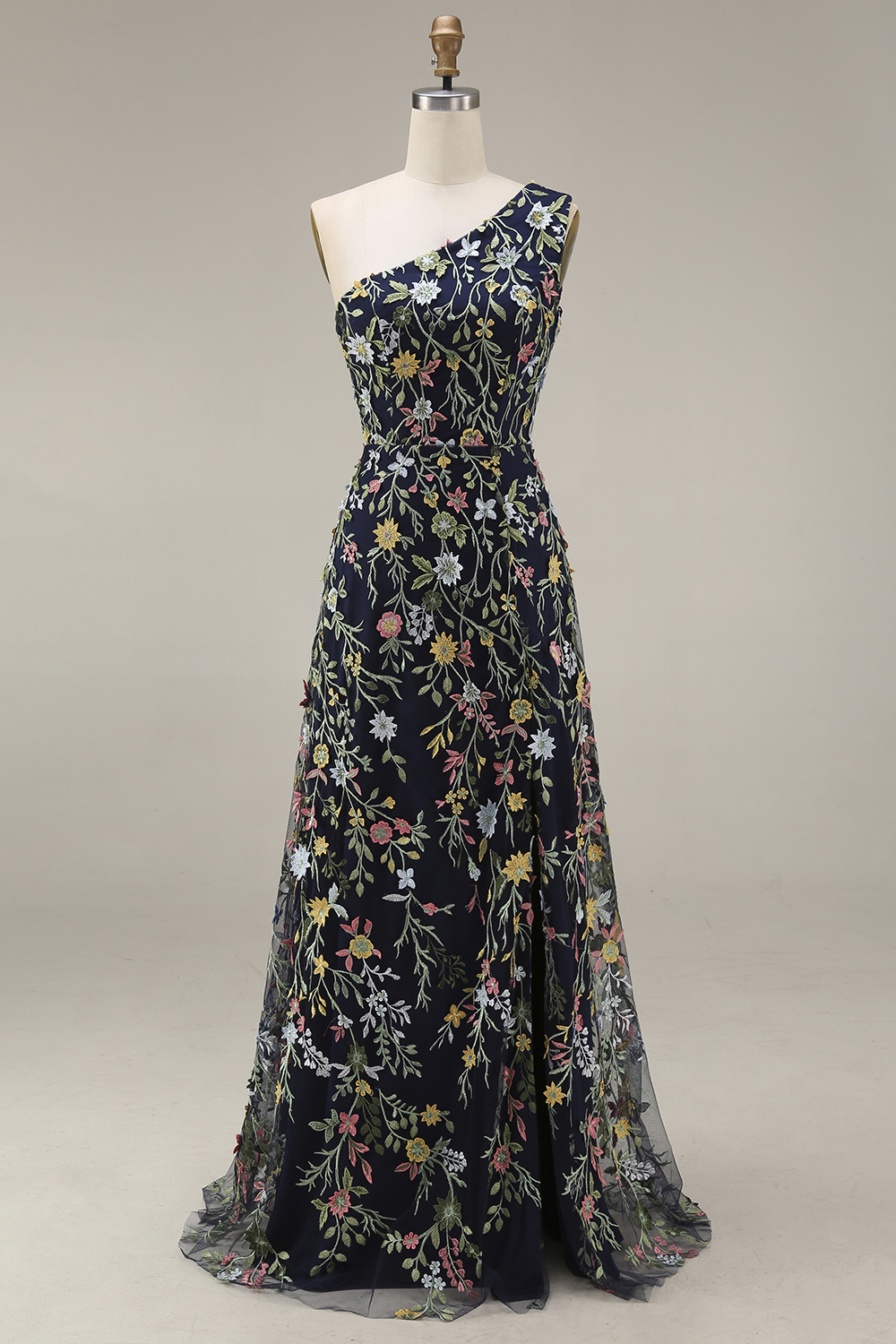 Floral Mauve One Shoulder A Line Long Prom Dress with Slit