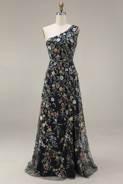 Floral Mauve One Shoulder A Line Long Prom Dress with Slit