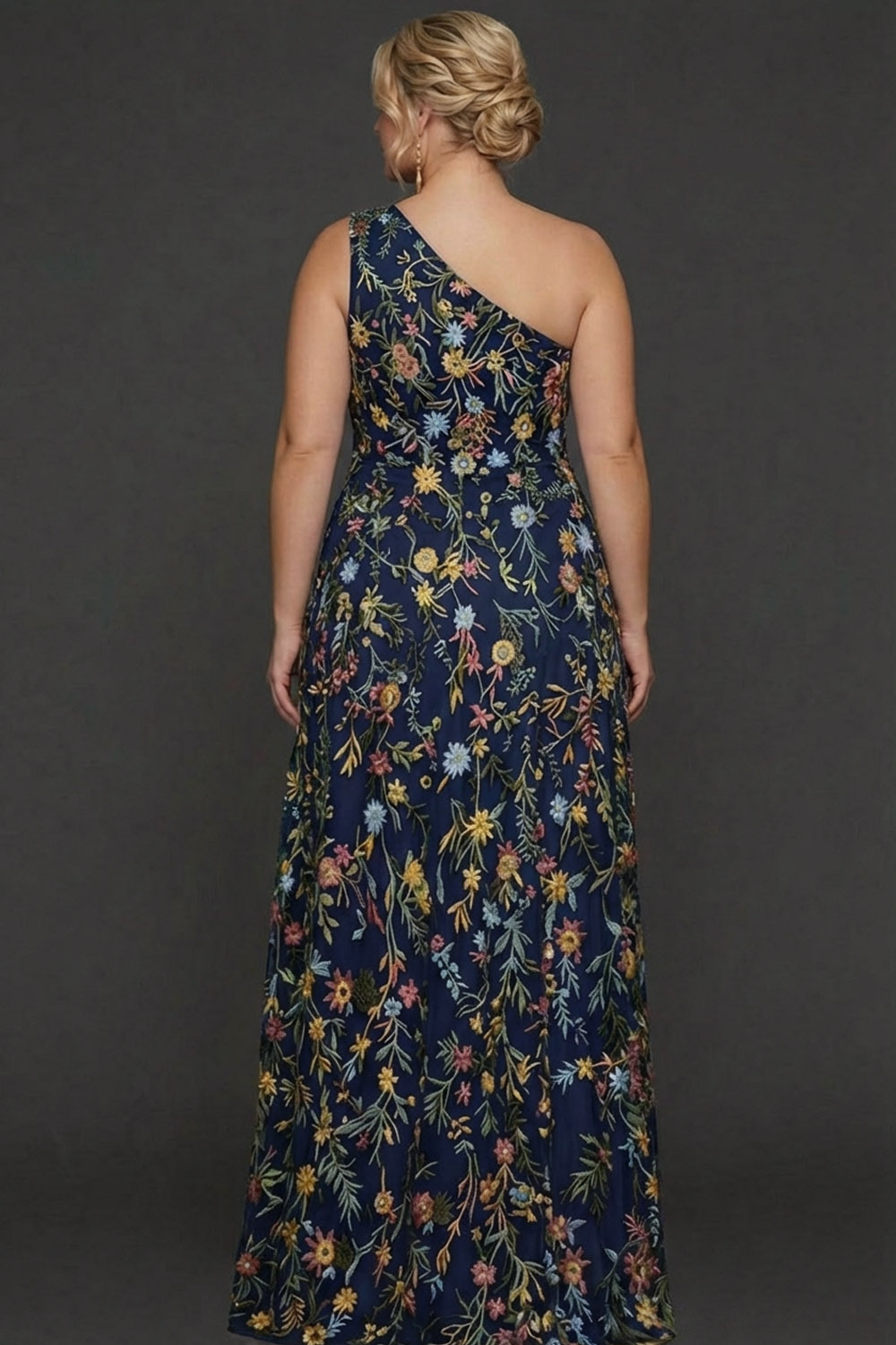 Plus Size Floral Mauve One Shoulder A Line Long Prom Dress with Embroidery