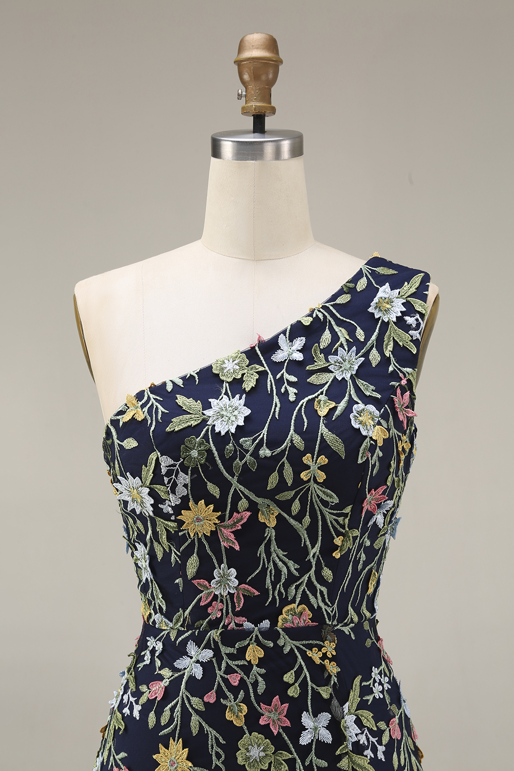 Floral Mauve One Shoulder A Line Long Prom Dress with Slit