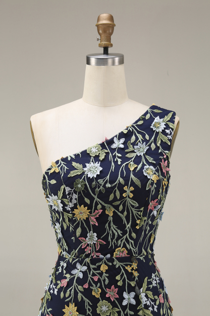 Floral Mauve One Shoulder A Line Long Prom Dress with Slit