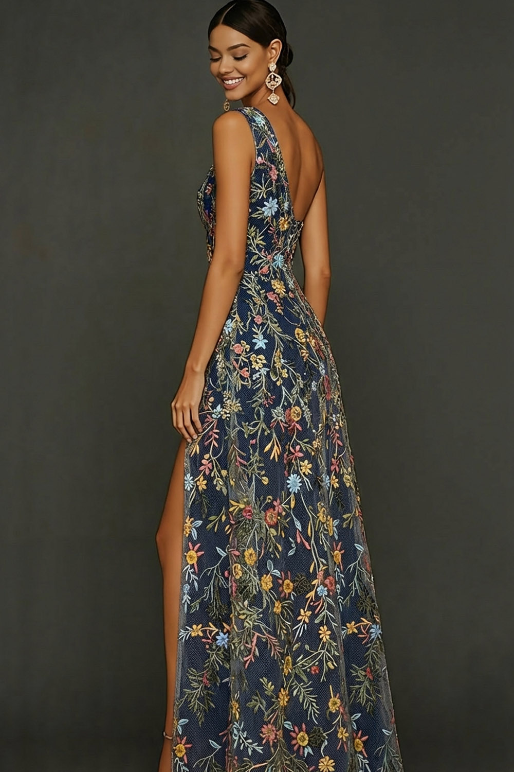 Floral Mauve One Shoulder A Line Long Prom Dress with Slit