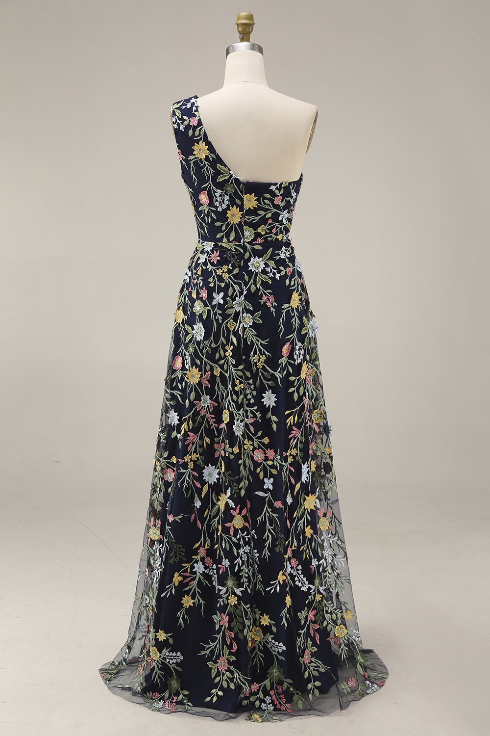 Floral Mauve One Shoulder A Line Long Prom Dress with Slit