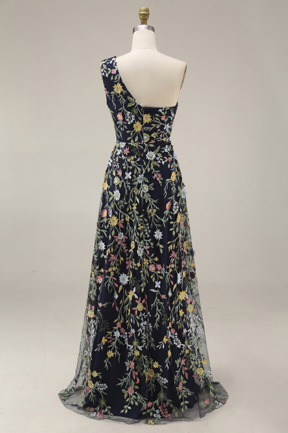 Floral Mauve One Shoulder A Line Long Prom Dress with Slit