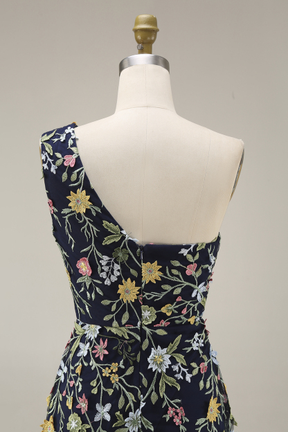 Floral Mauve One Shoulder A Line Long Prom Dress with Slit