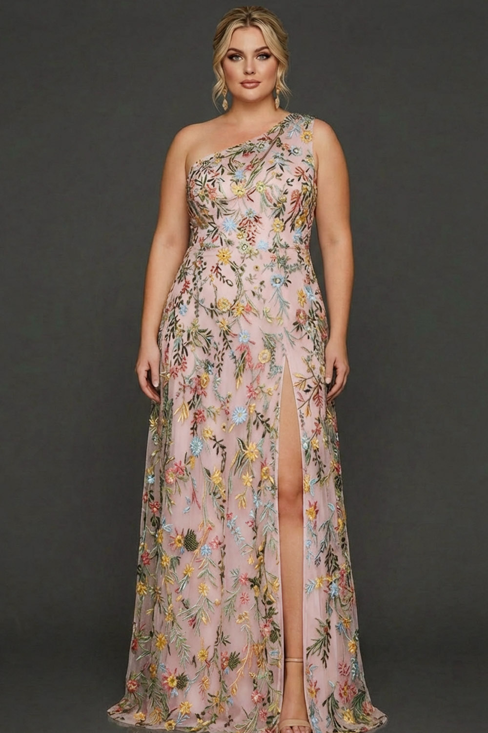 Plus Size Floral Mauve One Shoulder A Line Long Prom Dress with Embroidery