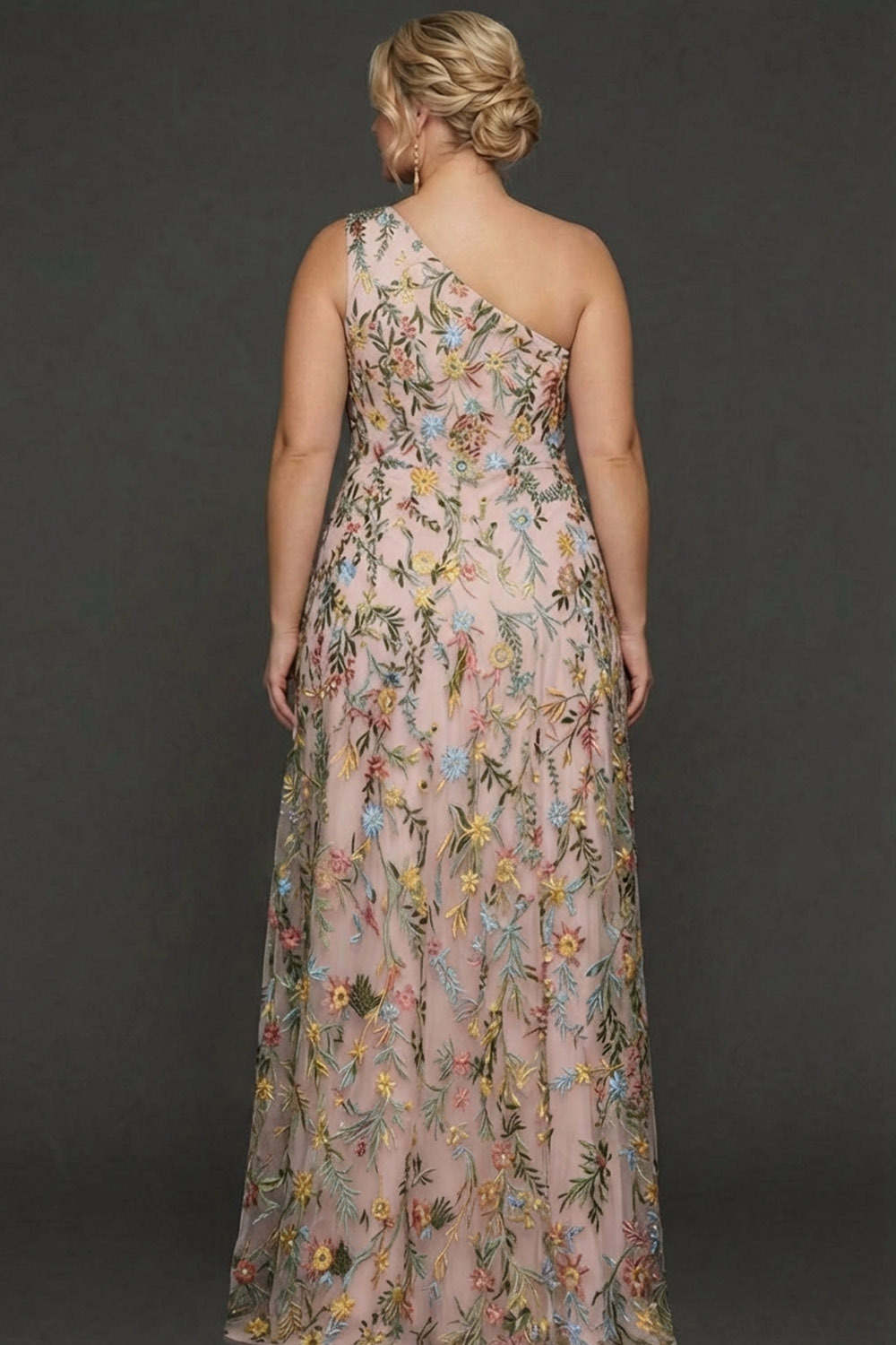 Plus Size Floral Mauve One Shoulder A Line Long Prom Dress with Embroidery