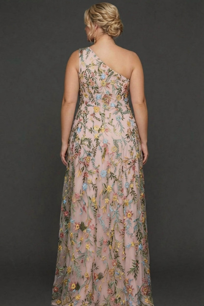 Plus Size Floral Mauve One Shoulder A Line Long Prom Dress with Embroidery