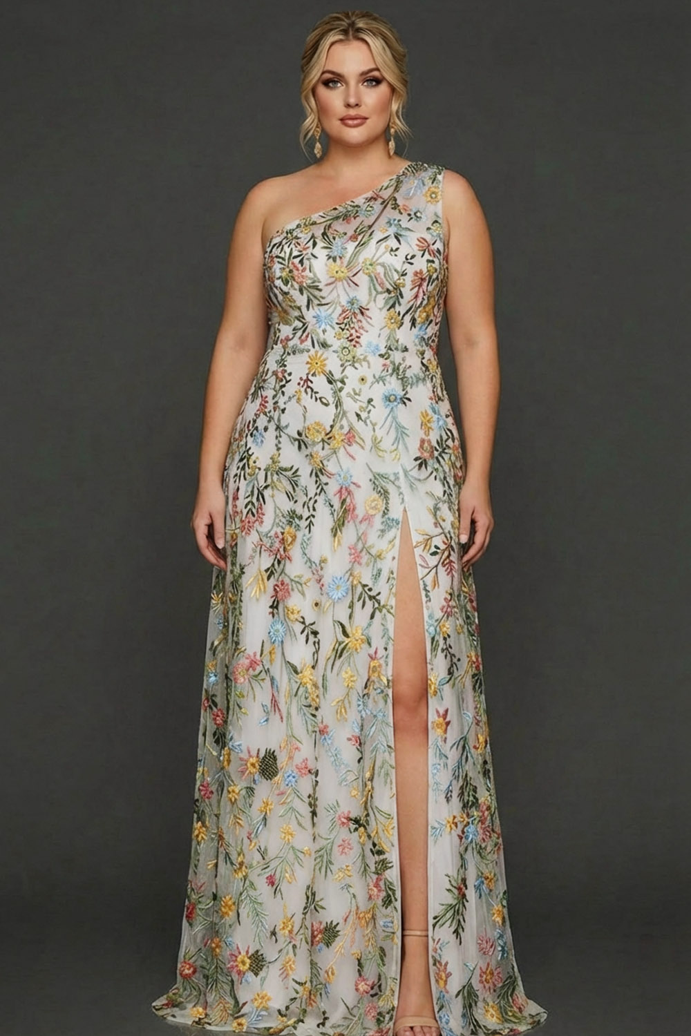 Plus Size Floral Mauve One Shoulder A Line Long Prom Dress with Embroidery