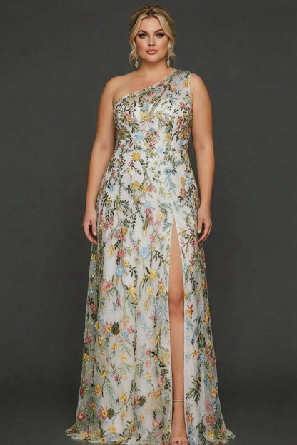 Plus Size Floral Mauve One Shoulder A Line Long Prom Dress with Embroidery