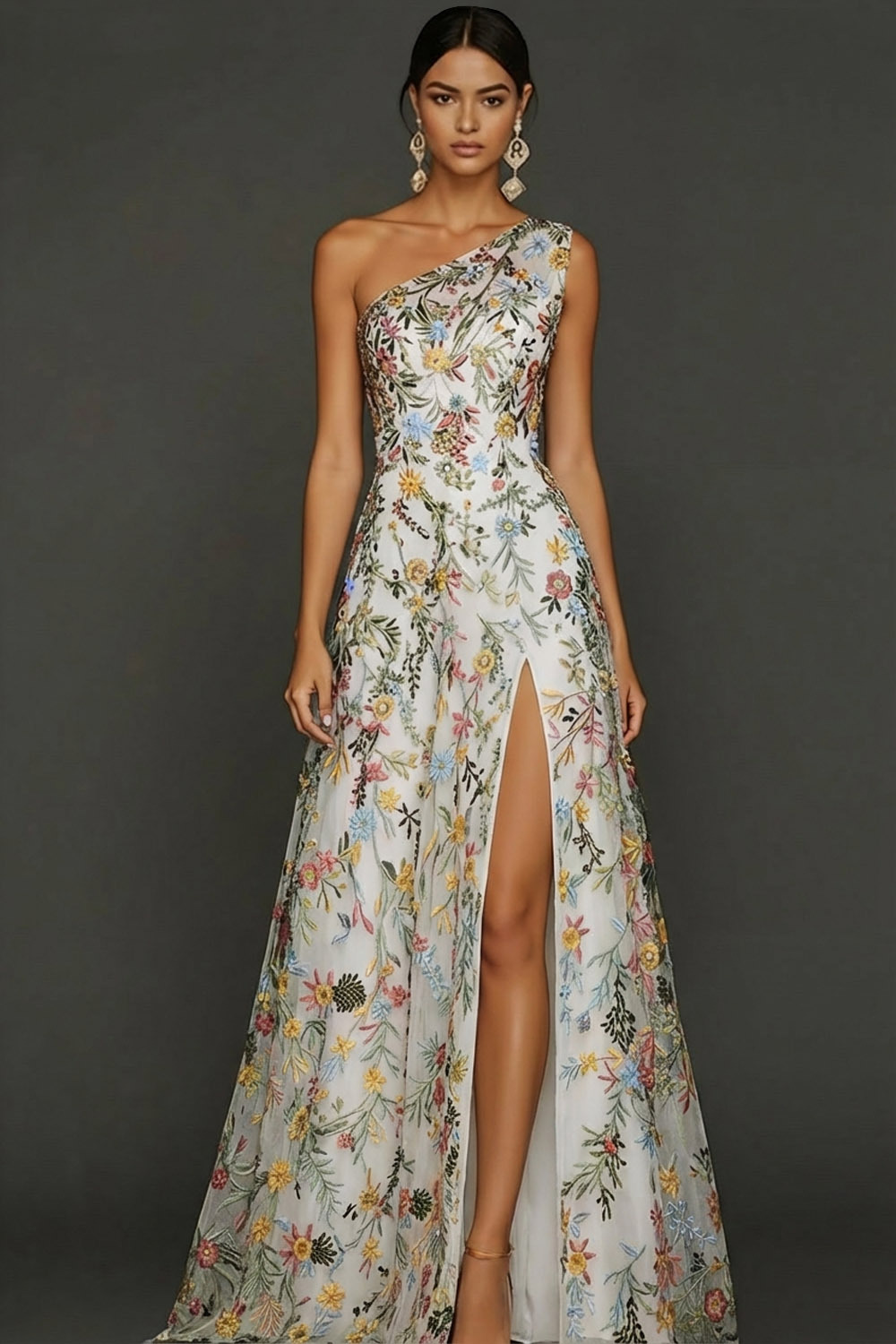 Floral Mauve One Shoulder A Line Long Prom Dress with Slit