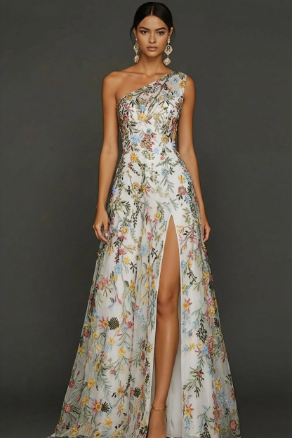 Floral Mauve One Shoulder A Line Long Prom Dress with Slit