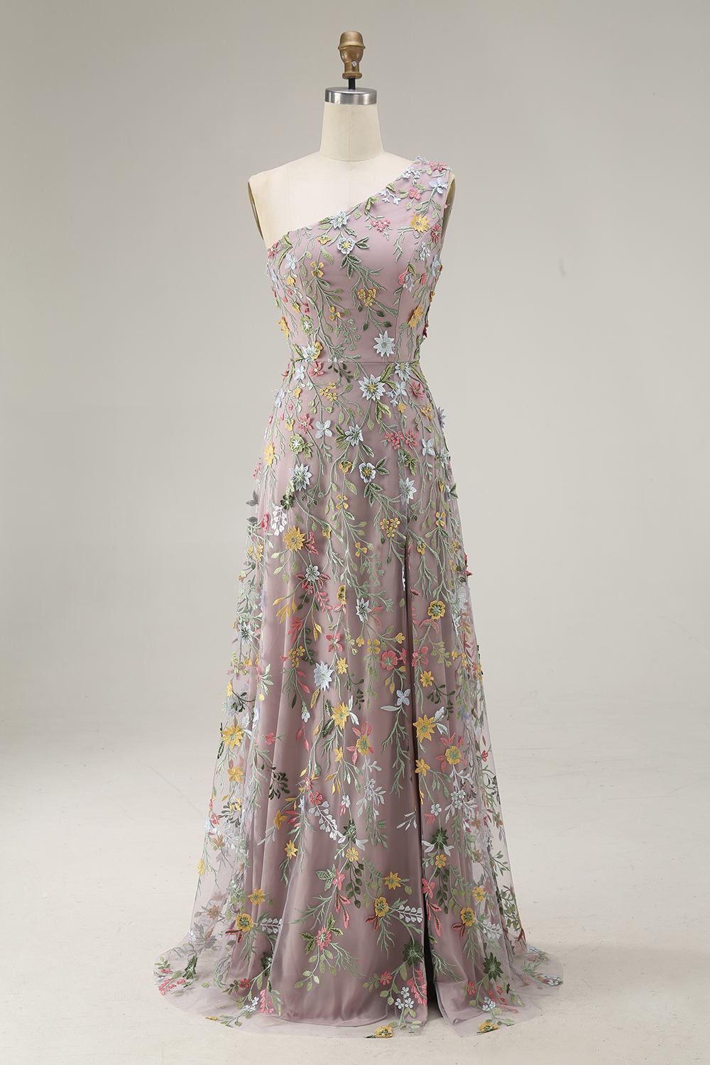 Floral Mauve One Shoulder A Line Long Prom Dress with Slit