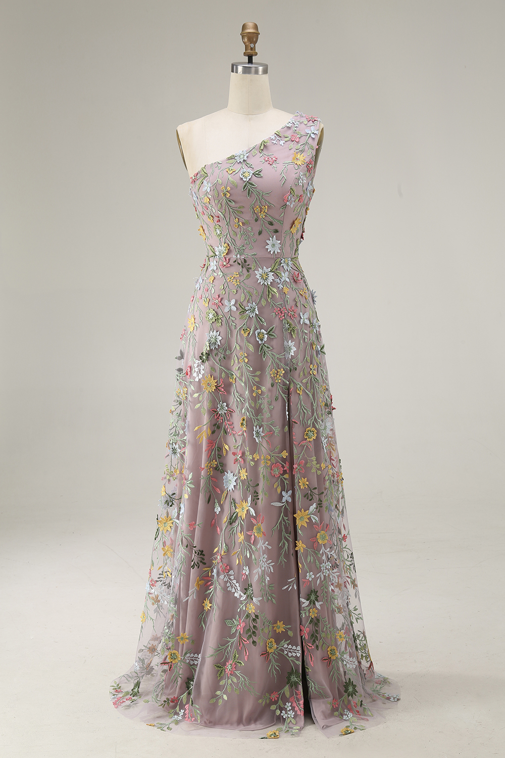 Floral Mauve One Shoulder A Line Long Prom Dress with Slit