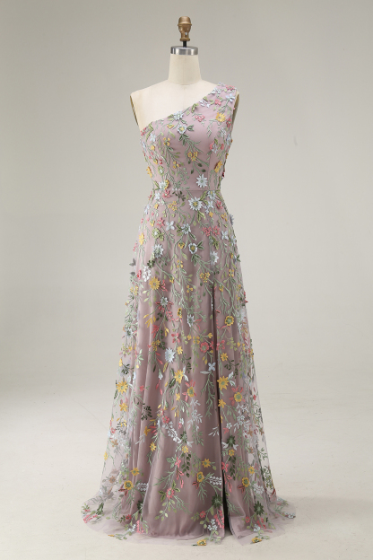 Floral Mauve One Shoulder A Line Long Prom Dress with Slit