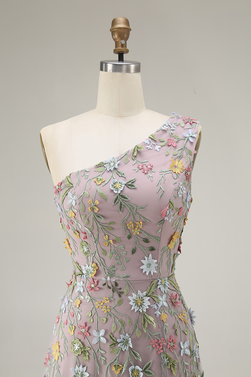 Floral Mauve One Shoulder A Line Embroidered Long Prom Dress with Slit