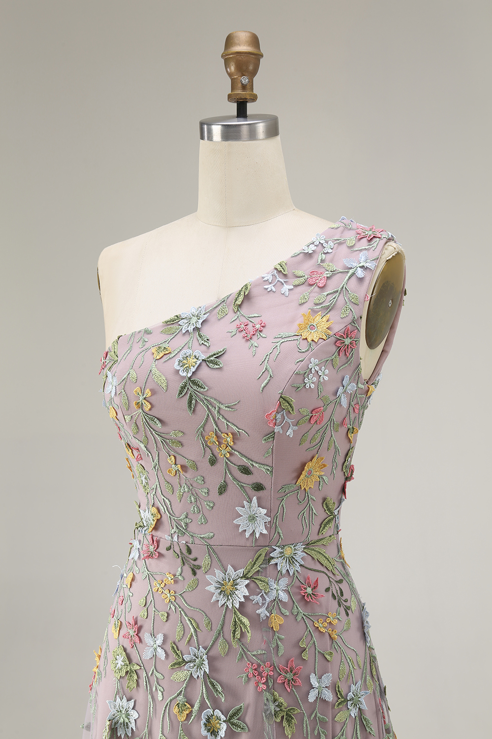 Floral Mauve One Shoulder A Line Embroidered Long Prom Dress with Slit