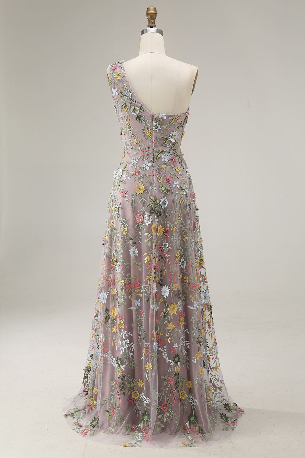 Floral Mauve One Shoulder A Line Long Prom Dress with Slit