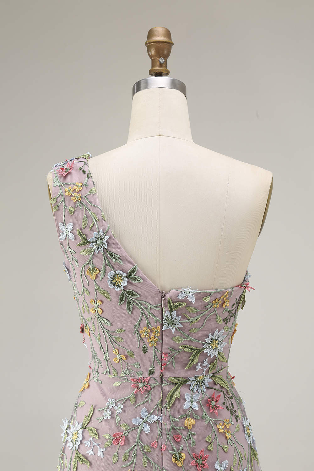 Floral Mauve One Shoulder A Line Embroidered Long Prom Dress with Slit