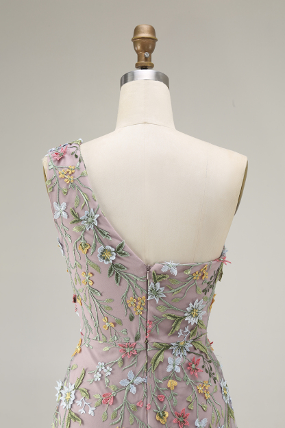 Floral Mauve One Shoulder A Line Embroidered Long Prom Dress with Slit