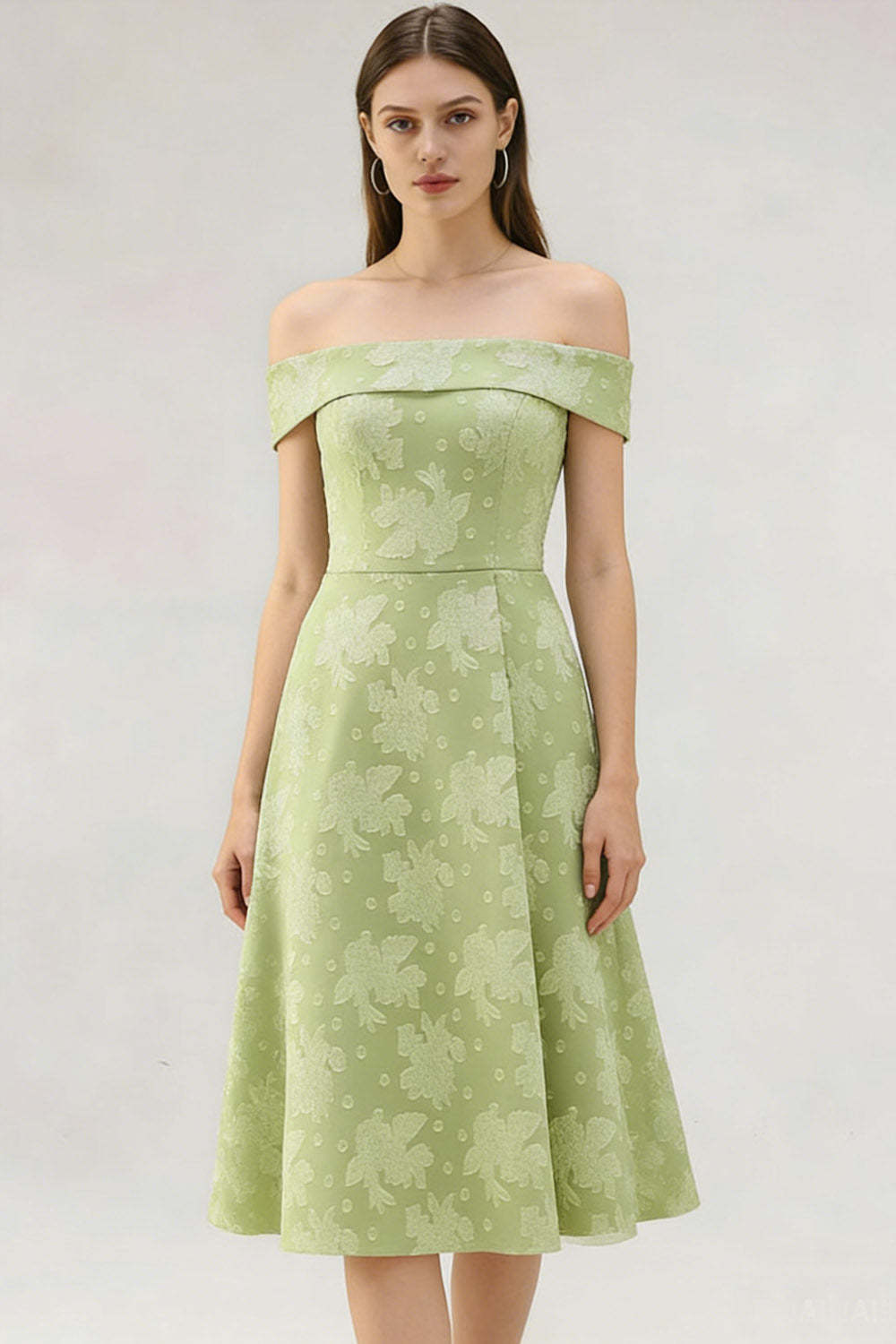 Leely Women Floral Light Green Short Wedding Guest Dress A Line Jacquard Off the Shoulder Petite Summer Bridesmaid Dress