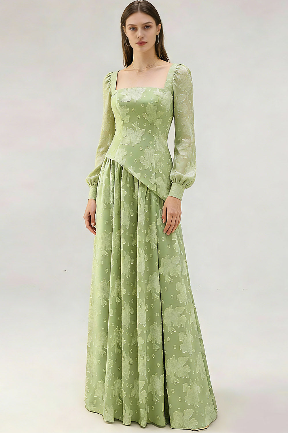Floral Light Green Square Neck Maxi Bridesmaid Dress with Sleeves