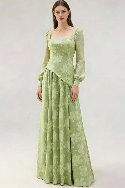Leely Women Floral Light Green Maxi Bridesmaid Dress Square Neck A Line Wedding Guest Dress with Sleeves