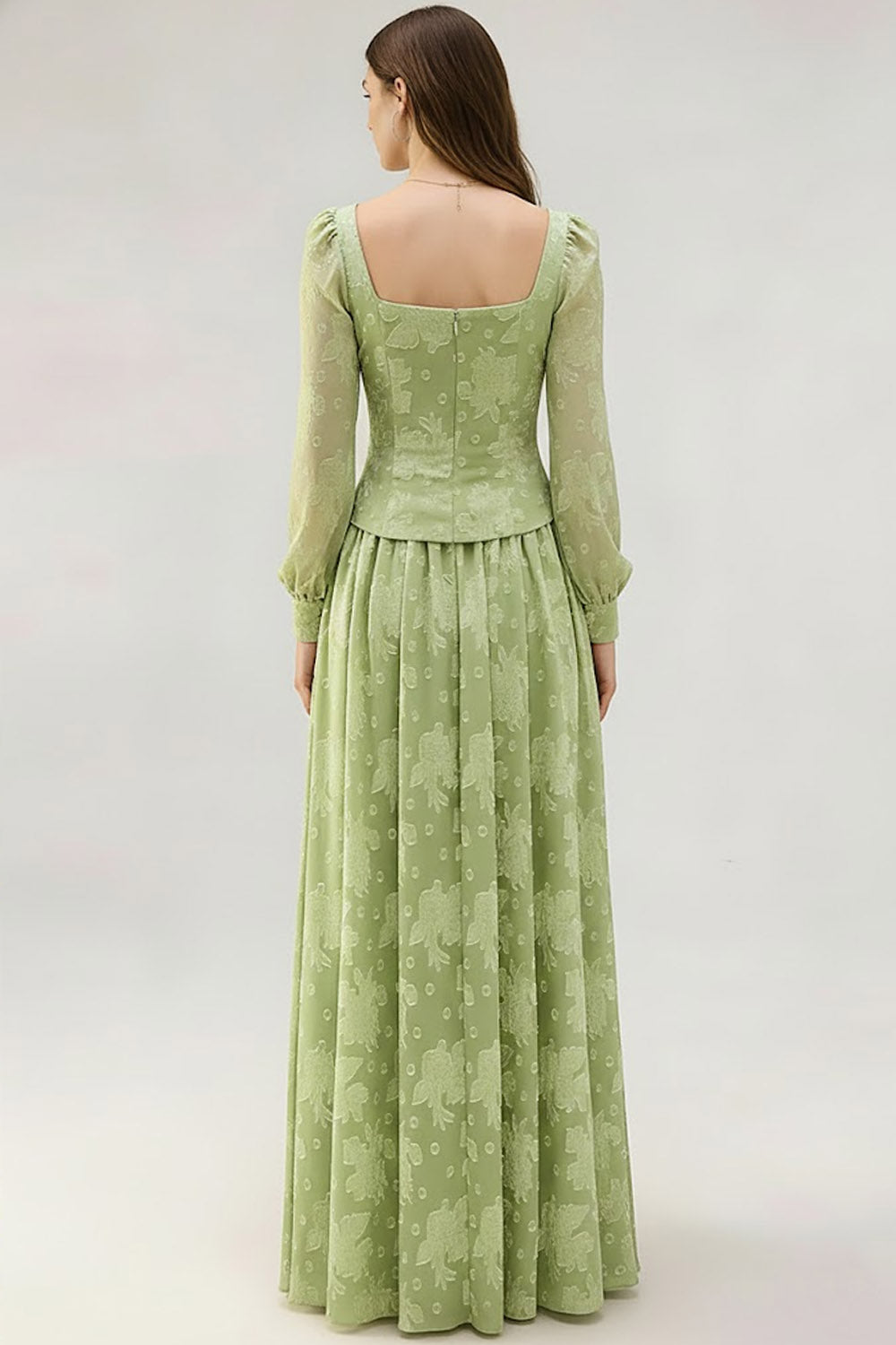 Floral Light Green Square Neck Maxi Bridesmaid Dress with Sleeves