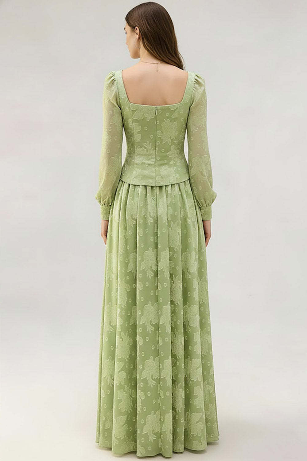 Floral Light Green Square Neck Maxi Bridesmaid Dress with Sleeves