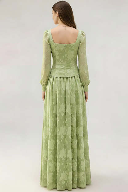 Floral Light Green Square Neck Maxi Bridesmaid Dress with Sleeves