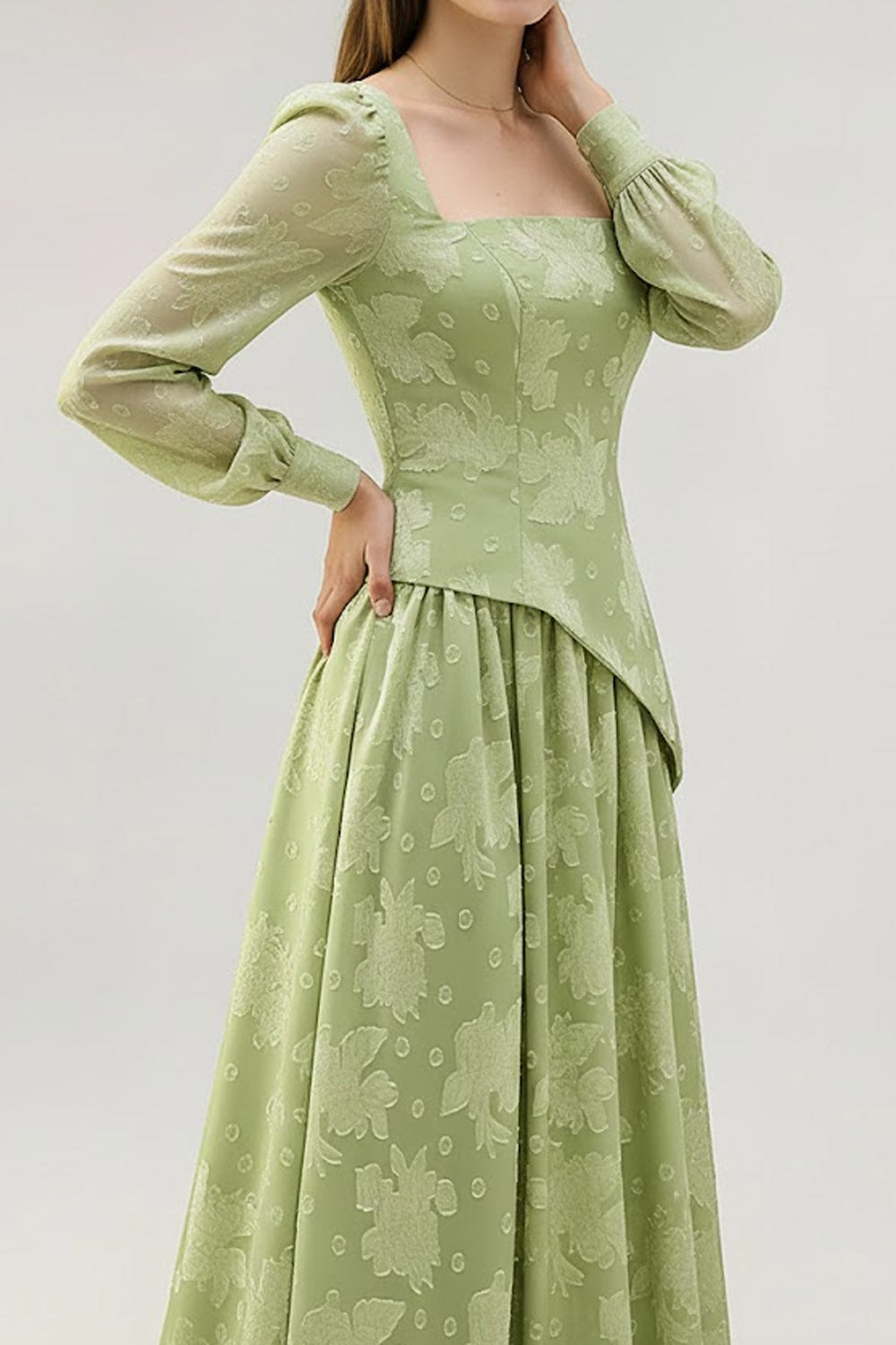 Floral Light Green Square Neck Maxi Bridesmaid Dress with Sleeves