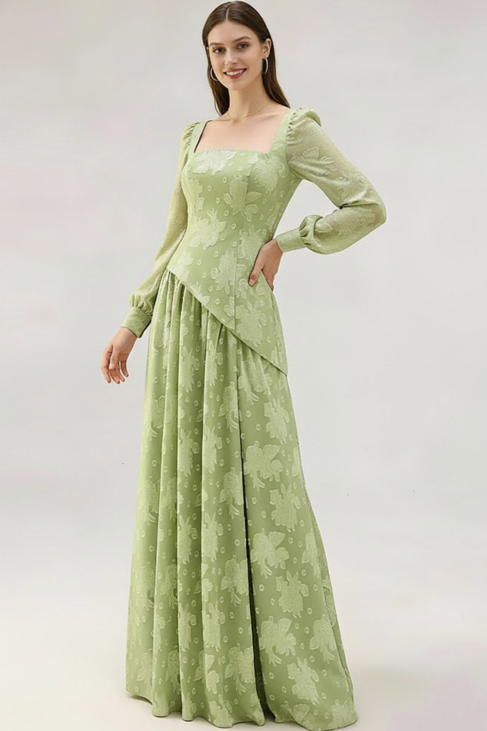 Floral Light Green Square Neck Maxi Bridesmaid Dress with Sleeves