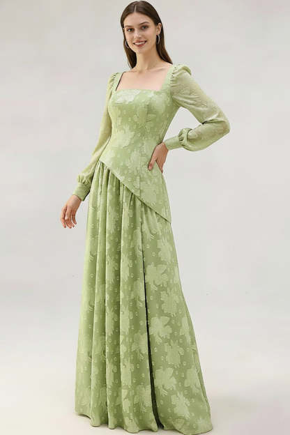 Floral Light Green Square Neck Maxi Bridesmaid Dress with Sleeves