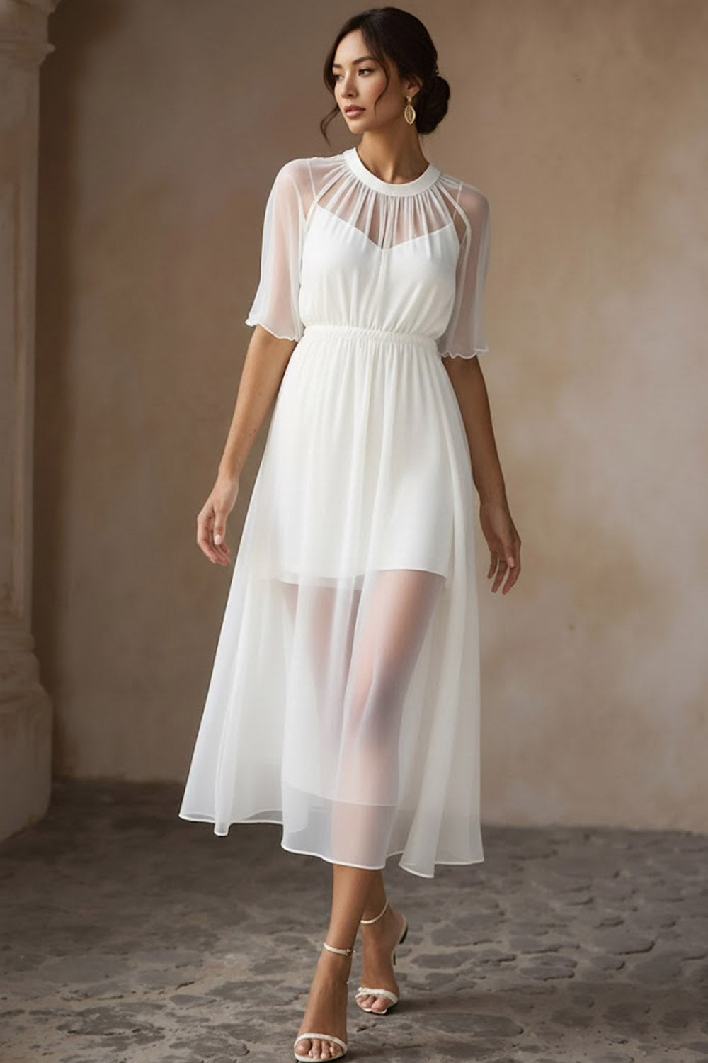 Leely Women White Midi Engagement Dress with Sleeves Crew Neck A Line Bridal Shower Dress