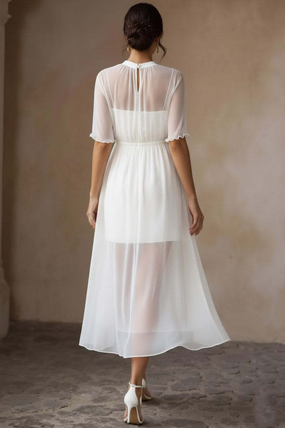 White Crew Neck A Line Midi Engagement Dress with Sleeves