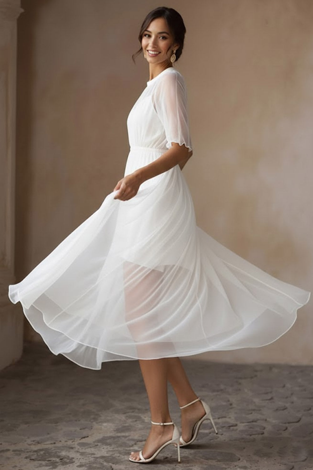 White Crew Neck A Line Midi Engagement Dress with Sleeves