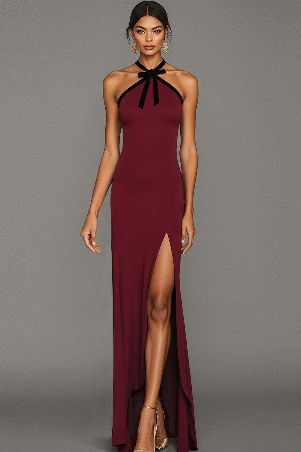 Leely Women Burgundy Maxi Bridesmaid Dress with Bow Halter Neck Sheath Backless Wedding Guest Dress with Slit