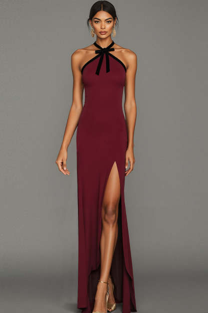 Leely Women Burgundy Maxi Bridesmaid Dress with Bow Halter Neck Sheath Backless Wedding Guest Dress with Slit