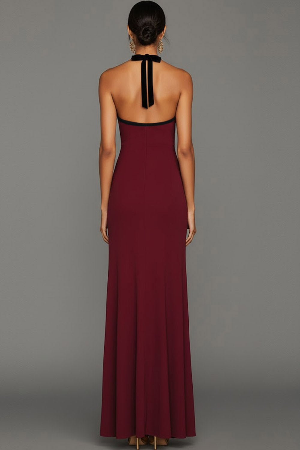 Burgundy Halter Neck Sheath Maxi Bridesmaid Dress with Bow