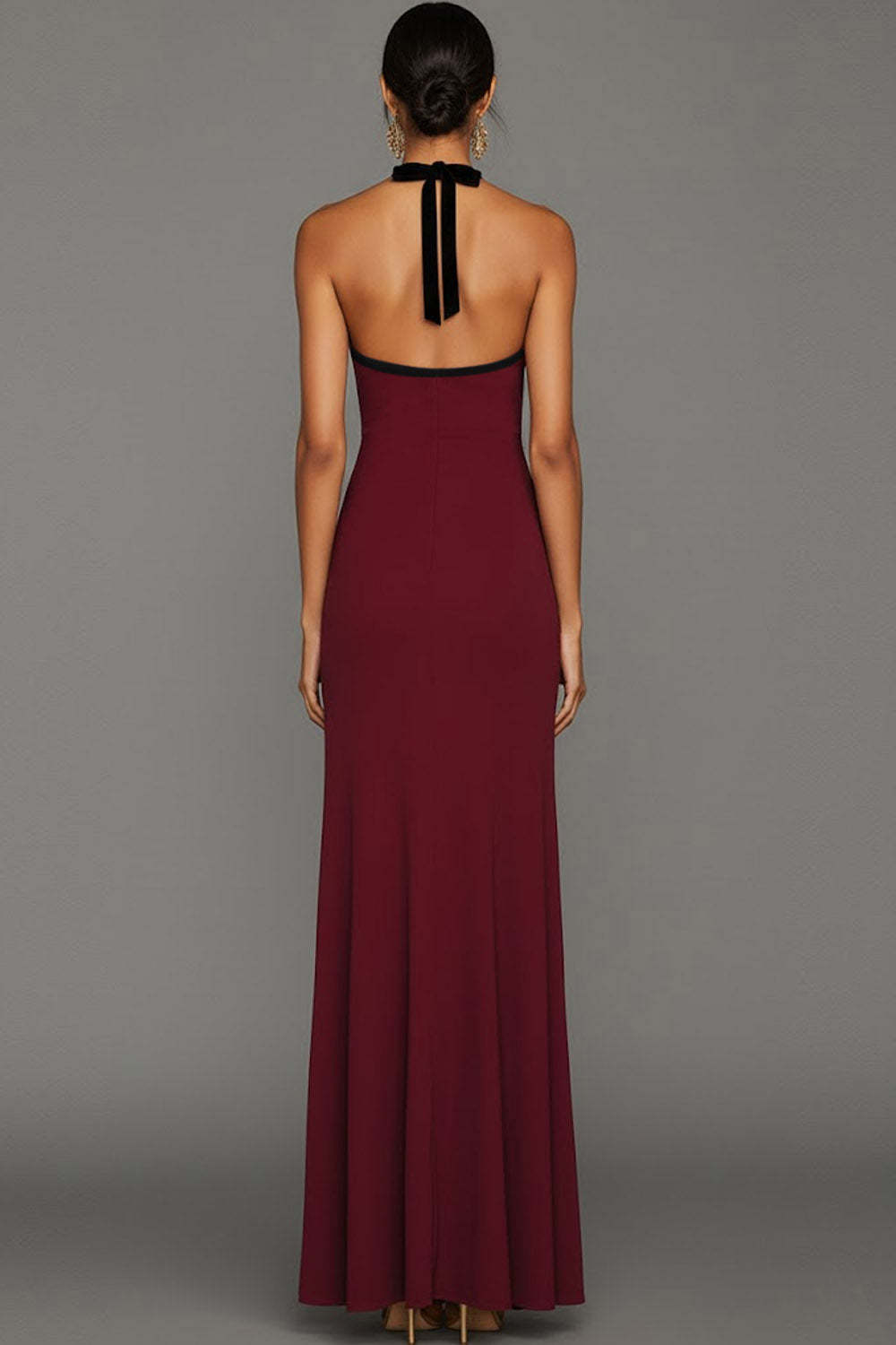Burgundy Halter Neck Sheath Maxi Bridesmaid Dress with Bow