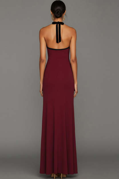 Burgundy Halter Neck Sheath Maxi Bridesmaid Dress with Bow