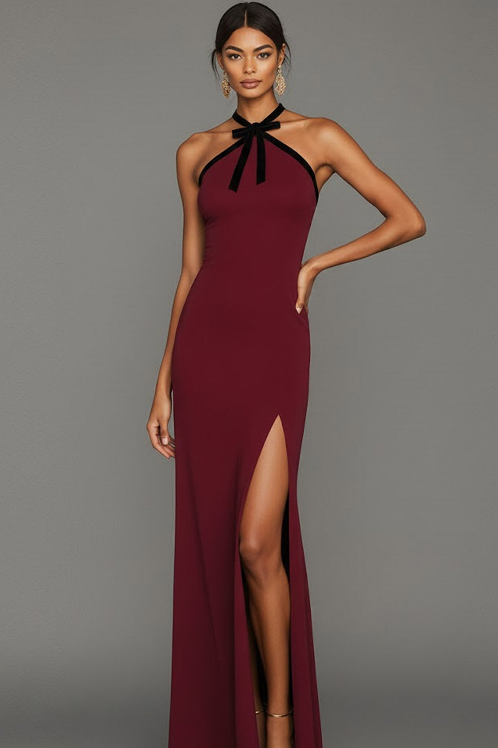 Burgundy Halter Neck Sheath Maxi Bridesmaid Dress with Bow