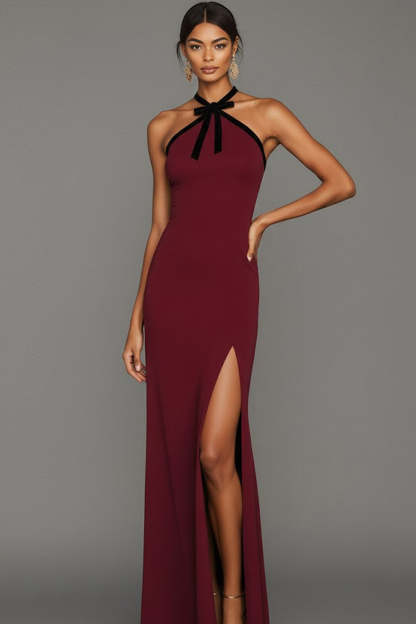 Burgundy Halter Neck Sheath Maxi Bridesmaid Dress with Bow