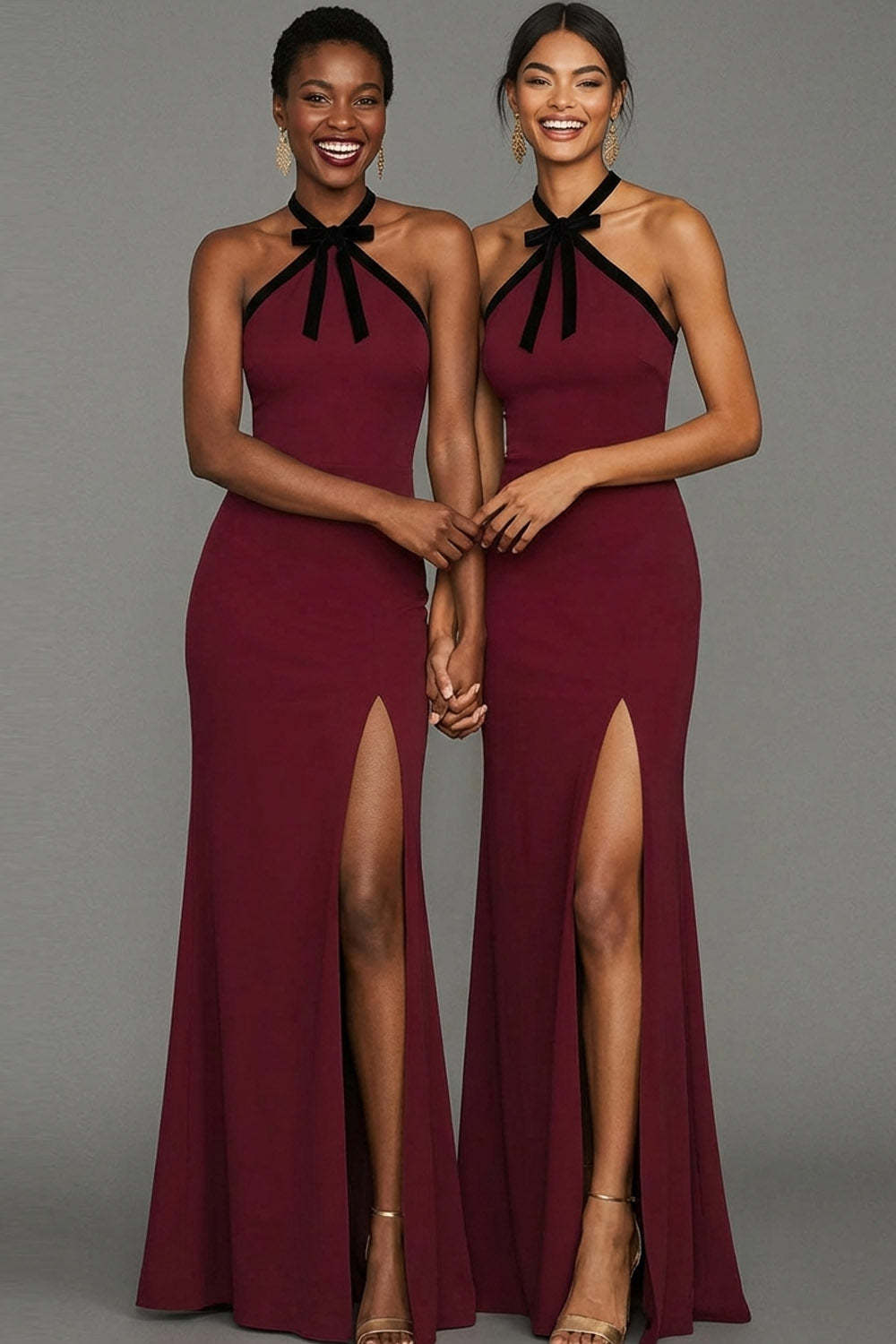 Burgundy Halter Neck Sheath Maxi Bridesmaid Dress with Bow