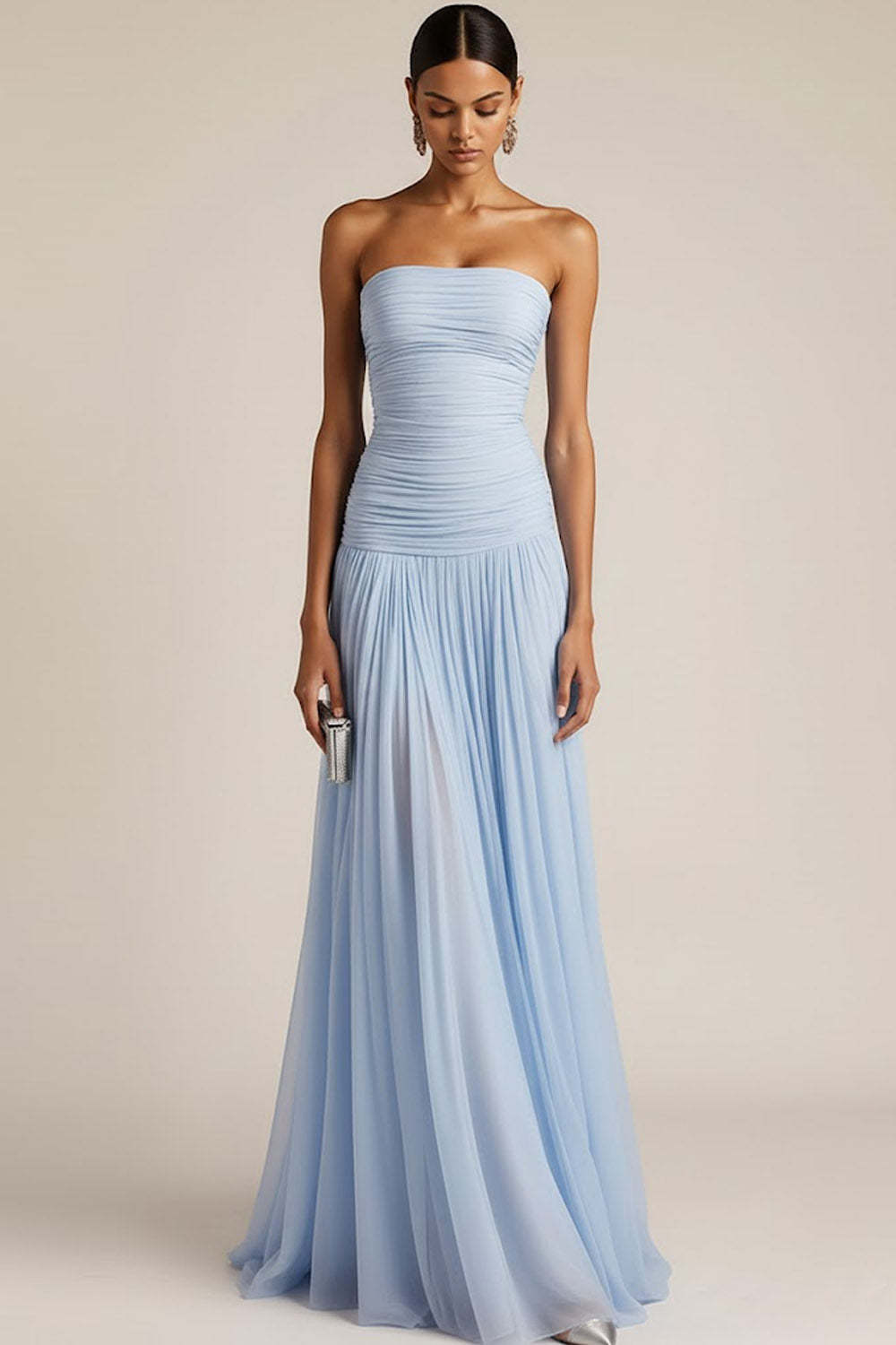Leely Women Light Blue Maxi Bridesmaid Dress Strapless Ruched Wedding Guest Dress