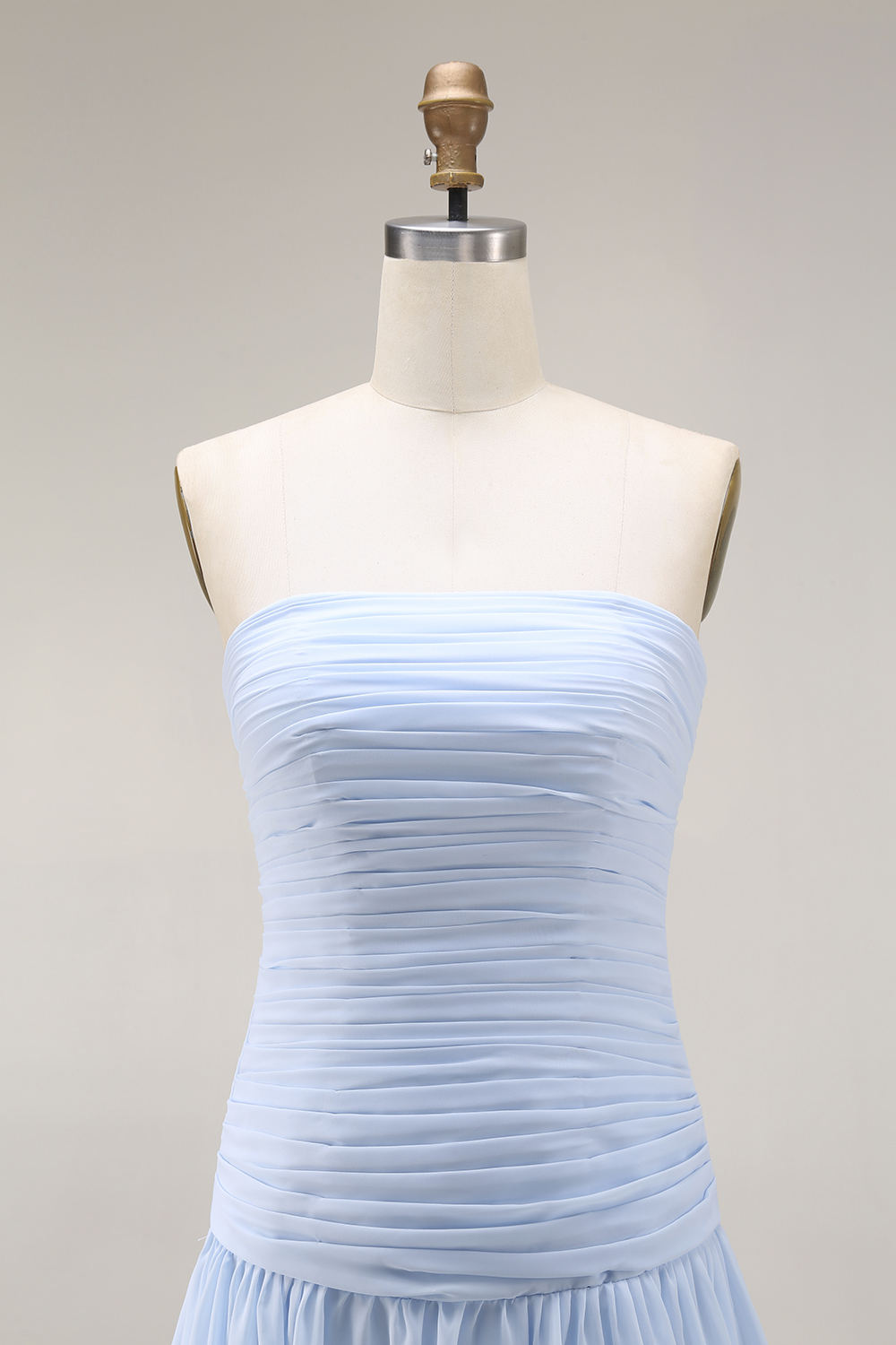 Light Blue Strapless Ruched Maxi Bridesmaid Dress