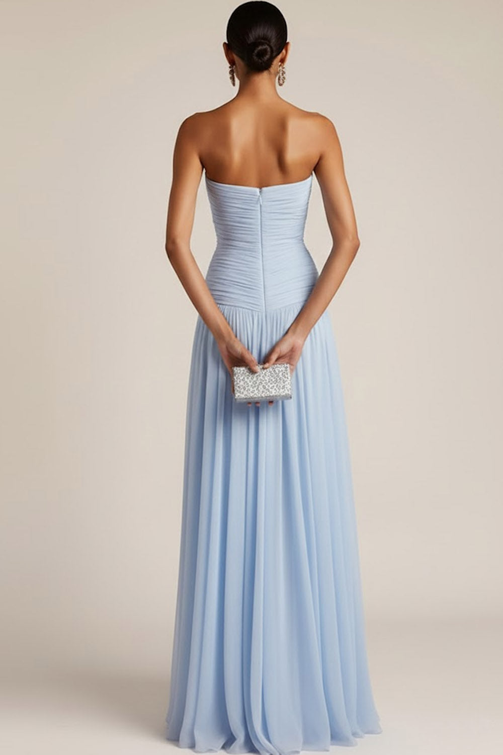 Light Blue Strapless Ruched Maxi Bridesmaid Dress