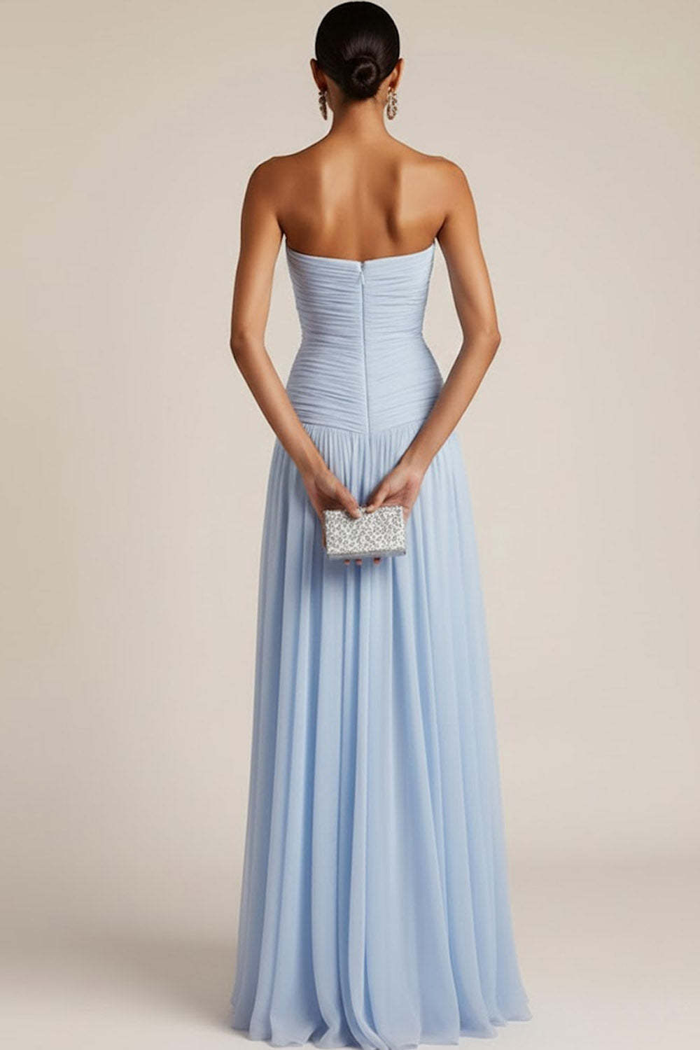 Light Blue Strapless Ruched Maxi Bridesmaid Dress