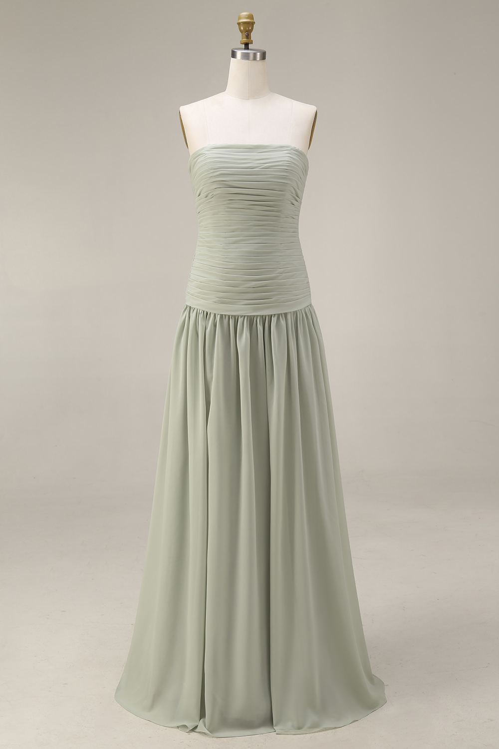 Light Blue Strapless Ruched Maxi Bridesmaid Dress