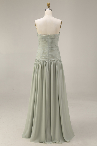 Light Blue Strapless Ruched Maxi Bridesmaid Dress